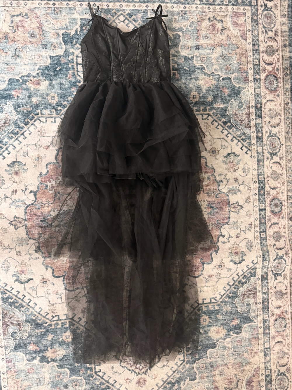 Widow High-Low Black Satin and Tulle Dress - Picture 2 of 4